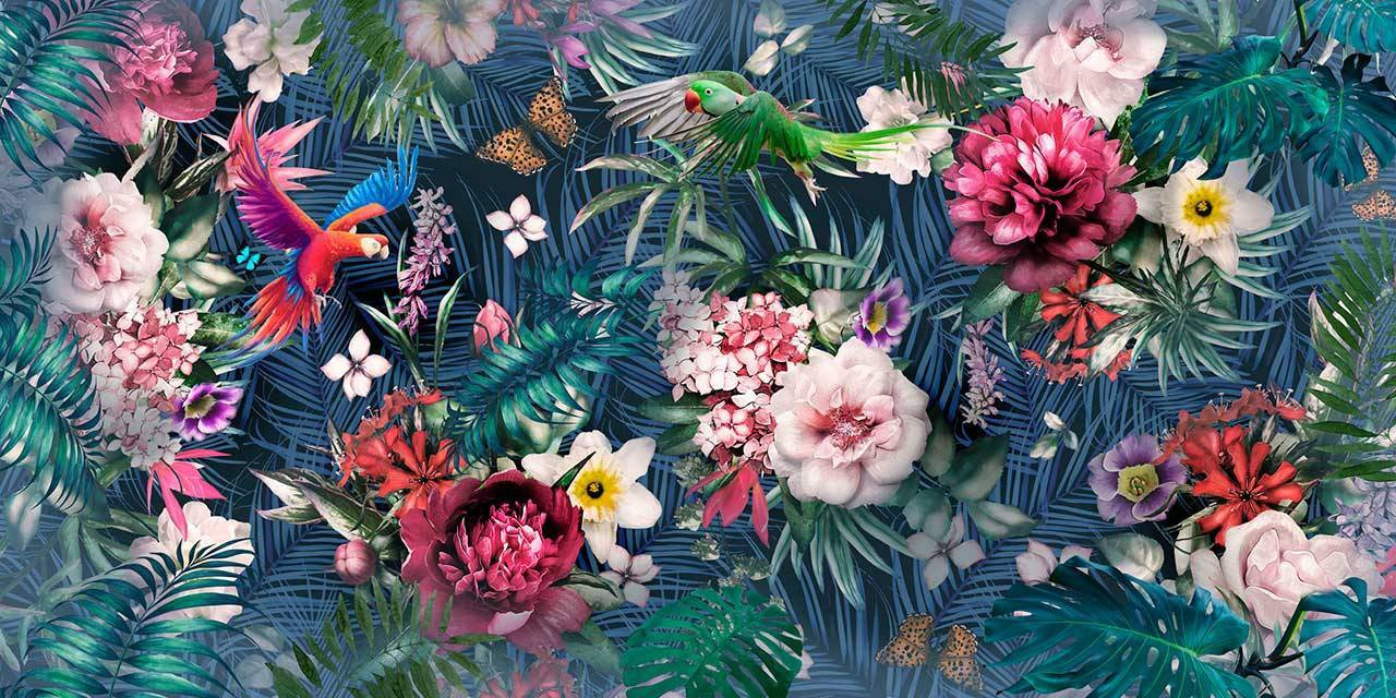 Фотообои Цветущий сад с попугаями