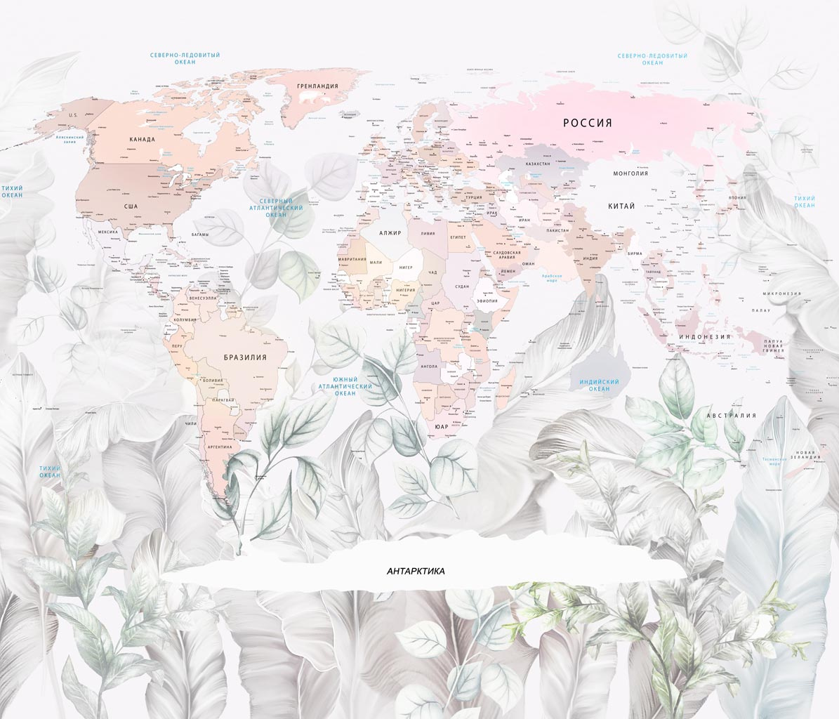 Фотообои Карта мира на фоне листьев