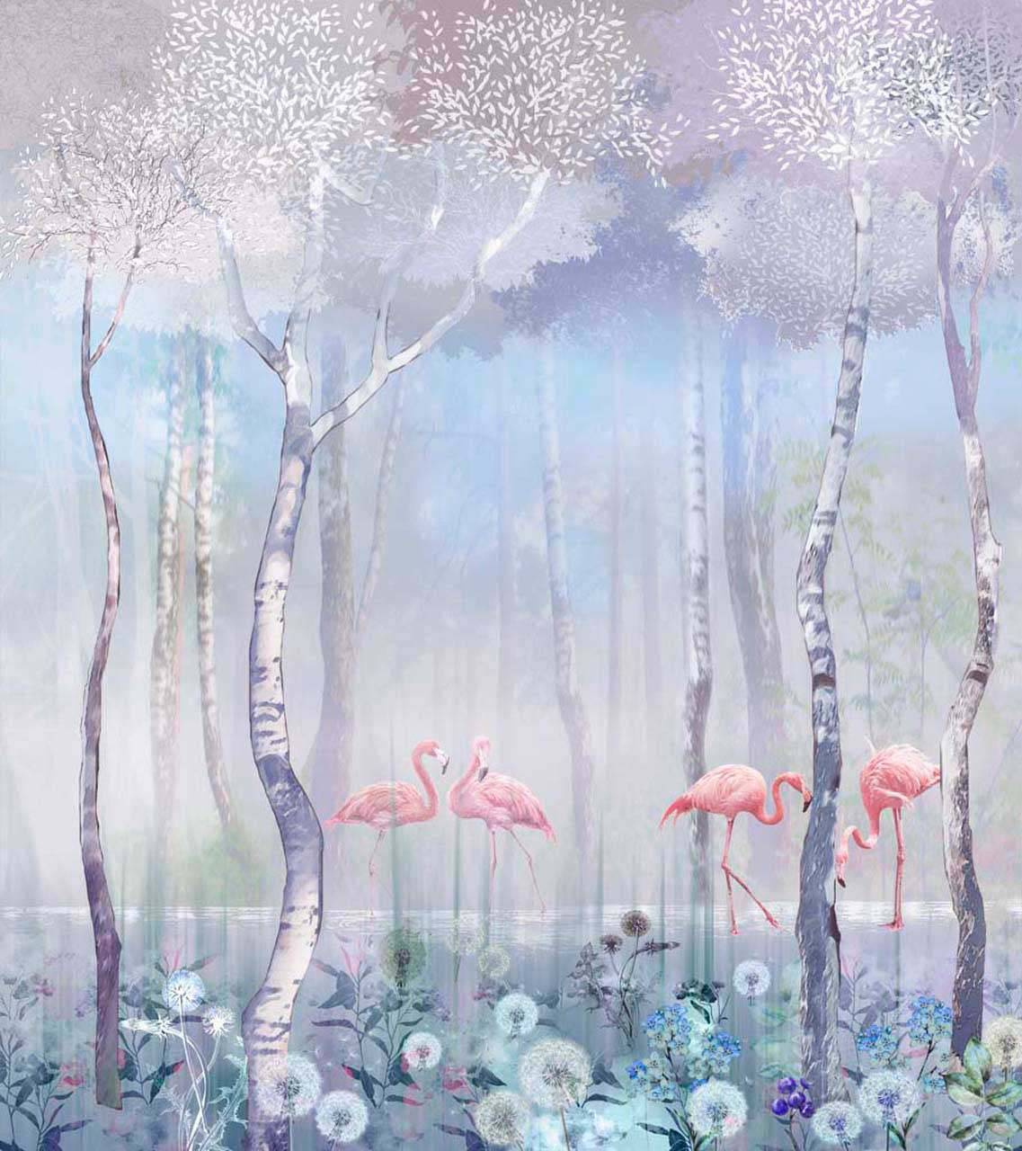 Фотообои Розовые фламинго в сером тумане
